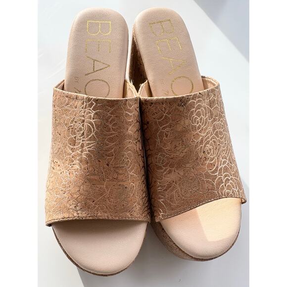 Matisse Terry Sandals Size 8M Platform Slide Open Toe Cork Gold Rose Beach - Picture 4 of 8
